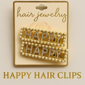 Pearl “HAPPY” Hair Clips Set • Gold Rhinestone Barrettes • 2 Pc Hair Jewelry